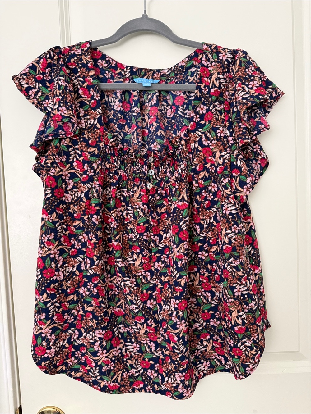 Draper James Floral Ruffle Sleeve Women’s Top - Navy/Pink